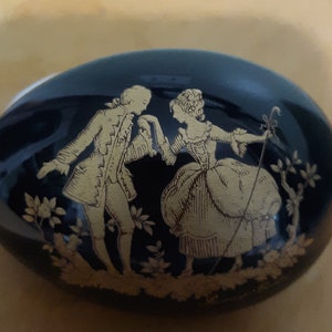 Limoges Castel France Cobalt Blue Porcelain Egg with Gold Print of Victorian Couple