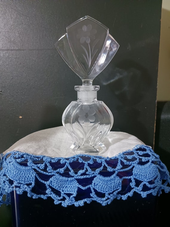 PERFUME BOTTLE Clear Glass with Etched Flowers - image 2
