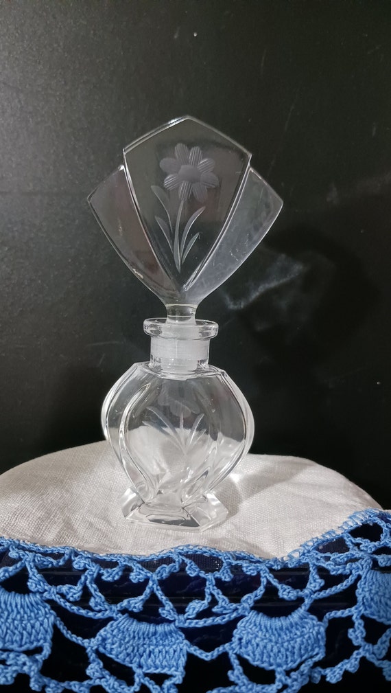 PERFUME BOTTLE Clear Glass with Etched Flowers - image 1
