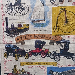 May include: A vintage illustration of various modes of transportation throughout history, including a four-wheeled buggy, a Conestoga wagon, a catboat, a high-wheel bicycle, a steam locomotive, early Ford automobiles, a fire engine, and an airplane. The illustration is titled "Wheels, Wings & Sails" and includes the text "Henry Ford Museum".