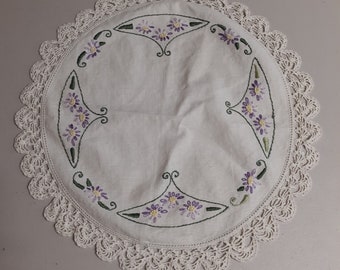 Crochet Doily - Round Linen with Purple Flowers