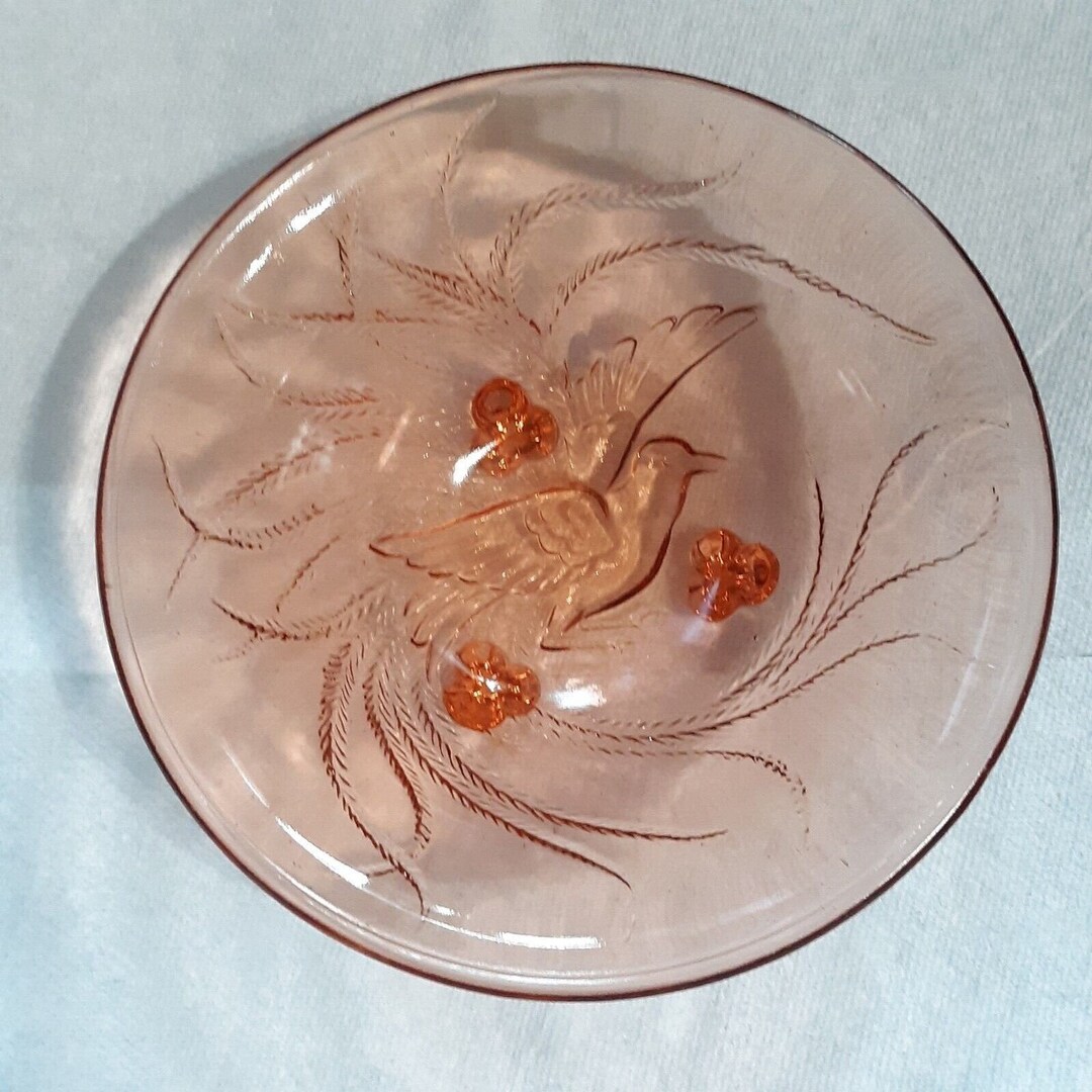Vintage Pink Indiana/tiara Glass Bowl With Pressed Glass Bird Etsy