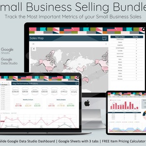May include: A computer screen displaying a sales map with a world map showing sales locations. The map is part of a Google Data Studio dashboard with key performance indicators, charts, and graphs. The dashboard is designed to help small businesses track their sales metrics.