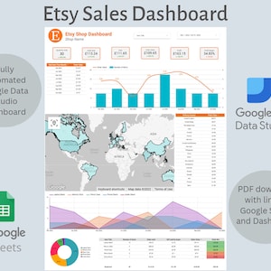 May include: A dashboard showing Etsy sales data in Google Data Studio. The dashboard includes charts, graphs, and a map showing sales by region. The dashboard also includes a table showing sales data by product. The dashboard is fully automated and can be downloaded as a PDF with a link to a Google Sheet.