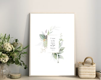 Könnte beinhalten: Ein gerahmter Druck mit einer Aquarell-Illustration von grünen Blättern und goldenen Akzenten. Der Druck zeigt den Text "Ich vertraue auf die Gnade Gottes für immer." und den Bibelvers "Psalm 136:23".