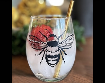 Stemless Wine Glass with Bee ~ Bridesmaid Gift, Wine Lover Gift, Bee Lover Gift