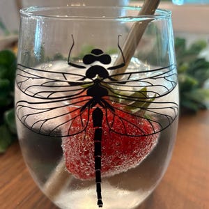 Dragonfly Stemless Wine Glass: Hand-Decorated Nature Lover Gift