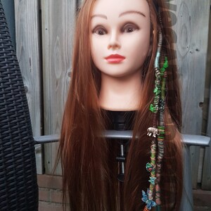 Handmade Double Dreadlock “Green Forest”, dreads, hair clip, beads, animals, charms, green, brown, blue, vegan