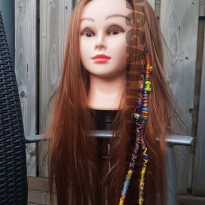Handmade Double Dreadlock “Double Trouble”, dreads, hair clip, beads, blue, purple, yellow, orange, hearts, vegan
