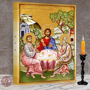 Symbol des ihnen bekannten Brotes beim Abendmahl in Emmaus. Christus trifft die Schüler Kleopas und Lukas 30 x 40 x 4,5 cm