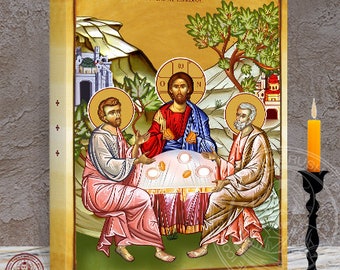 Icon of known to them in the breaking of the bread in The Supper at Emmaus. Christ Meeting the Disciples Cleopas and Luke 12 x 16 x 1.5 In