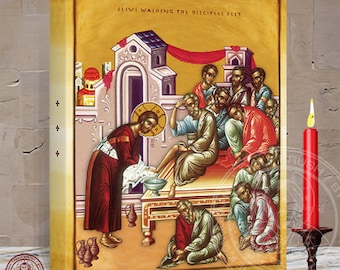 Icon of Our Lord Washing the Disciples’ Feet, Jesus washing of the Apostles’ Feet, The Holy Maundy Nipter icon, Pedilavium. 12 x 16 x 1.5 In