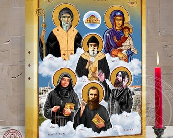 Our Lady of the Maronites Elige and Maronite Saints Icon, St Maron, St Charbel, St Rafqa, St Nimatullah AlHardini, St Estephan 12x 16x 1.5In
