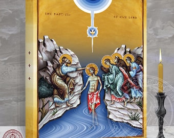 Theophany Icon. The Baptism of Jesus Christ at the Hands of St. John the Baptist, the Forerunner. 12 x 16 x 1.5 In