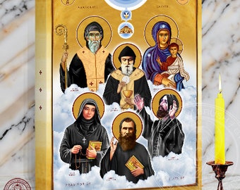 St Maron and Maronite Saints Icon, Our Lady of Elige, St Sharbel, St Rafqa, St Nimatullah AlHardini & Saint Estephan 12 x 16 x 1.5 In