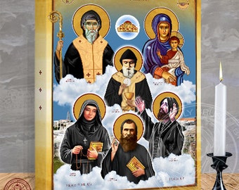 Brother Estephan and Maronite Saints Icon, with Our Lady of Elige, St Maron,  St Sharbel, St Rafqa, St Nimatullah AlHardini 12 x 16 x 1.5 In