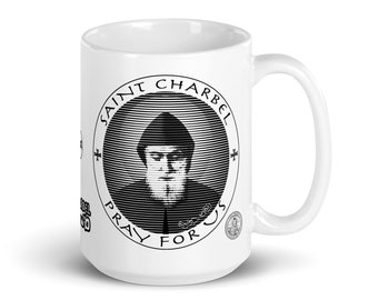 Saint Charbel BW Mug 15 oz. Mar Sharbel was Lebanese, Maronite, and Catholic Saint. St Charbel was a Hermit, Monk, and Priest. Mug 15 oz.