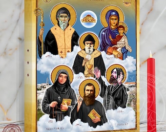 Icon of the Maronite Saints, Our Lady of Elige, St Maron,  St Sharbel, St Rafqa, St Nimatullah AlHardini & Brother Estephan 12 x 16 x 1.5 In