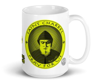 Saint Charbel Yellow Mug 15 oz. Mar Sharbel was Lebanese, Maronite, and Catholic Saint st Charbel was a Hermit, Monk, and Priest. Mug 15 oz.