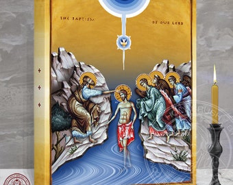 The Epiphany Icon. St John the Forerunner baptizing our Lord Jesus Christ at the Jordan River. Theophany 12 x 16 x 1.5 In