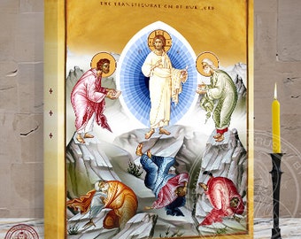 Transfiguration Icon of the Transfiguration of Christ on Mount Tabor, Metamorphosis, Moses, Elijah, Peter, James, and John 2 x 16 x 1.5 In