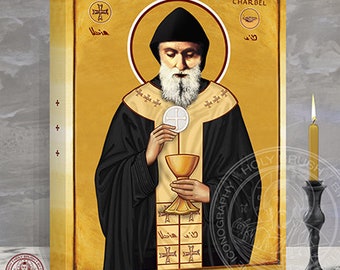 Icon of St Charbel Makhlouf as a Priest - Mar Sharbel Hermit and Monk is a Lebanese, Maronite, and Catholic Saint. 12 x 16 x 1.5 Inches.