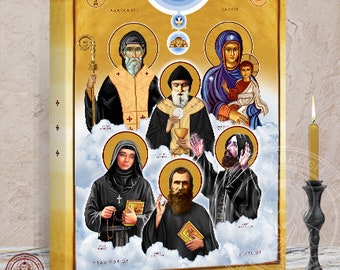 St Rafqa and Maronite Saints Icon. Our Lady of Elige, St Maron, St Sharbel, St Nimatullah AlHardini and Brother Estephan 12 x 16 x 1.5 In