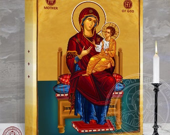 Virgin Mary Icon of the Mother of God, the Theotokos Enthroned. Icon Our Lady Virgin Mary on The Throne. Jesus and Mary Icon 12x16x1.5 In