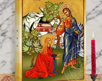 Icon of Jesus Christ appearing and greeting St Mary Magdalene at the tomb after the resurrection, Noli me tangere icon. 12 x 16 x 1.5 In