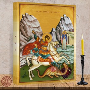 St George Icon of St George of Lydda the Great Martyr on Horseback slaying the dragon, Saint George the Winner Icon 12 x 16 x 1.5 Inches