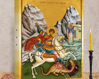 St George Icon of St George of Lydda the Great Martyr on Horseback slaying the dragon, Saint George the Winner Icon 12 x 16 x 1.5 Inches