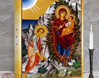 Icon of Virgin Mary the Burning Bush & Holy Prophet Moses. Theotokos The Unburnt Thornbush on Horeb Mountain of God Icon 12 x 16 x 1.5 In