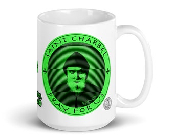 Saint Sharbel Green Mug 15 oz. Mar Charbel was a Lebanese, Maronite & Catholic Saint. St Charbel was a Hermit, Monk, and Priest. Mug 15 oz.