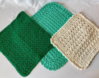 Paños de cocina tejidos a crochet hechos a mano, juego de 3, 100 % algodón