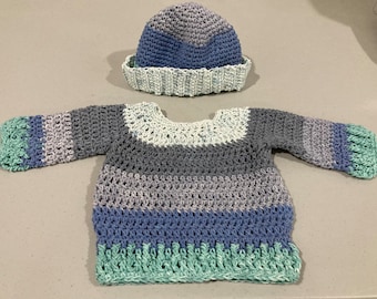 Suéter de bebé de crochet con gorro a juego, talla 6-9 meses, jersey