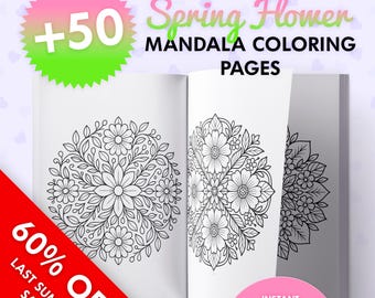 Spring Flower Mandalas, Coloring Book, Printable Coloring Pages, A4, PDF, Stress Relief, Art Therapy, For Adults & Kids, Beginner Mandalas