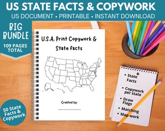 Può includere: Un quaderno di lavoro stampabile in bianco e nero con una mappa degli Stati Uniti e il testo "U.S.A. Print Copywork & State facts". Il quaderno di lavoro include 109 pagine di fatti sugli stati e attività di copia.