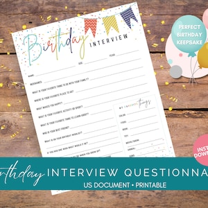 Cuestionario de entrevista de cumpleaños imprimible / Entrevista de cumpleaños para niños / Recuerdo de cumpleaños / Entrevista sobre mí / Tradición infantil