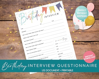 Printable Birthday Interview Questionnaire | Kids Birthday Interview | Birthday Keepsake | About Me Interview | Child Tradition