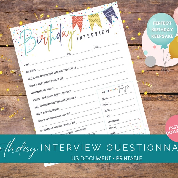 Printable Birthday Interview Questionnaire | Kids Birthday Interview | Birthday Keepsake | About Me Interview | Child Tradition