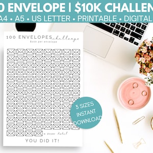 May include: A printable 100 envelope challenge tracker sheet. The sheet is black and white and features a grid of 100 envelopes. The text "100 ENVELOPES challenge $100 per envelope" is at the top of the sheet. The text "3 SIZES INSTANT DOWNLOAD" is in a blue circle at the bottom right of the sheet. The text "10000 total YOU DID IT!" is at the bottom of the sheet.