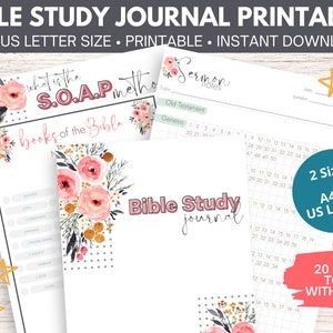 May include: Printable Bible study journal with a floral design. The journal includes pages for sermon notes, books of the Bible, and a grid for tracking scripture reading. The journal is available in two sizes: A4 and US Letter. It has 20 pages total, including the cover.