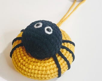 Handmade Crochet Spider Charm, Black and Yellow Halloween Keychain, Spooky Car Ornament