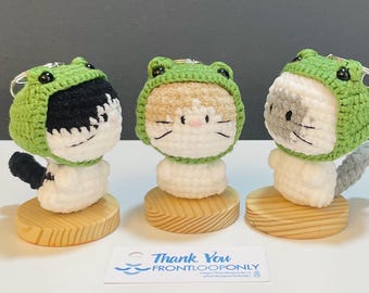 Crochet Cat Frog Hat Keychain – Amigurumi Kitty Plush Bag Charm