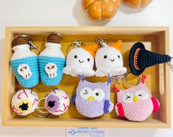 Halloween Crochet Keychain - Handmade Spooky Potion Bottle, Owl, Ghost, Witch Hat, Eyeball Charm