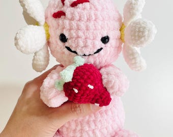 Crochet Strawberry Axolotl Plushie | Kawaii Stuffed Animal Toy, Pink Pastel Huggable Friend