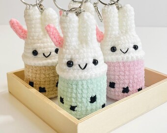 Crochet Bunny Bubble Tea Keychain, Kawaii Rabbit Boba Charm, Handmade Amigurumi Bag Accessory