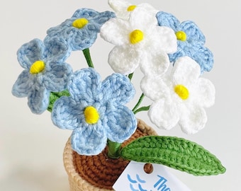 Crochet Forget Me Not Flower Pot – Amigurumi Blue Floral Desk Decor Keepsake