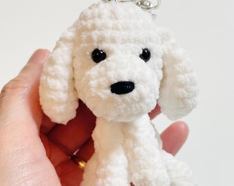Crochet White Poodle Amigurumi Keychain, Plush Dog Bag Charm