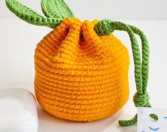 Crocheted Orange Pouch, Handmade Citrus Coin Purse, AirPods Holder, Kawaii Bag